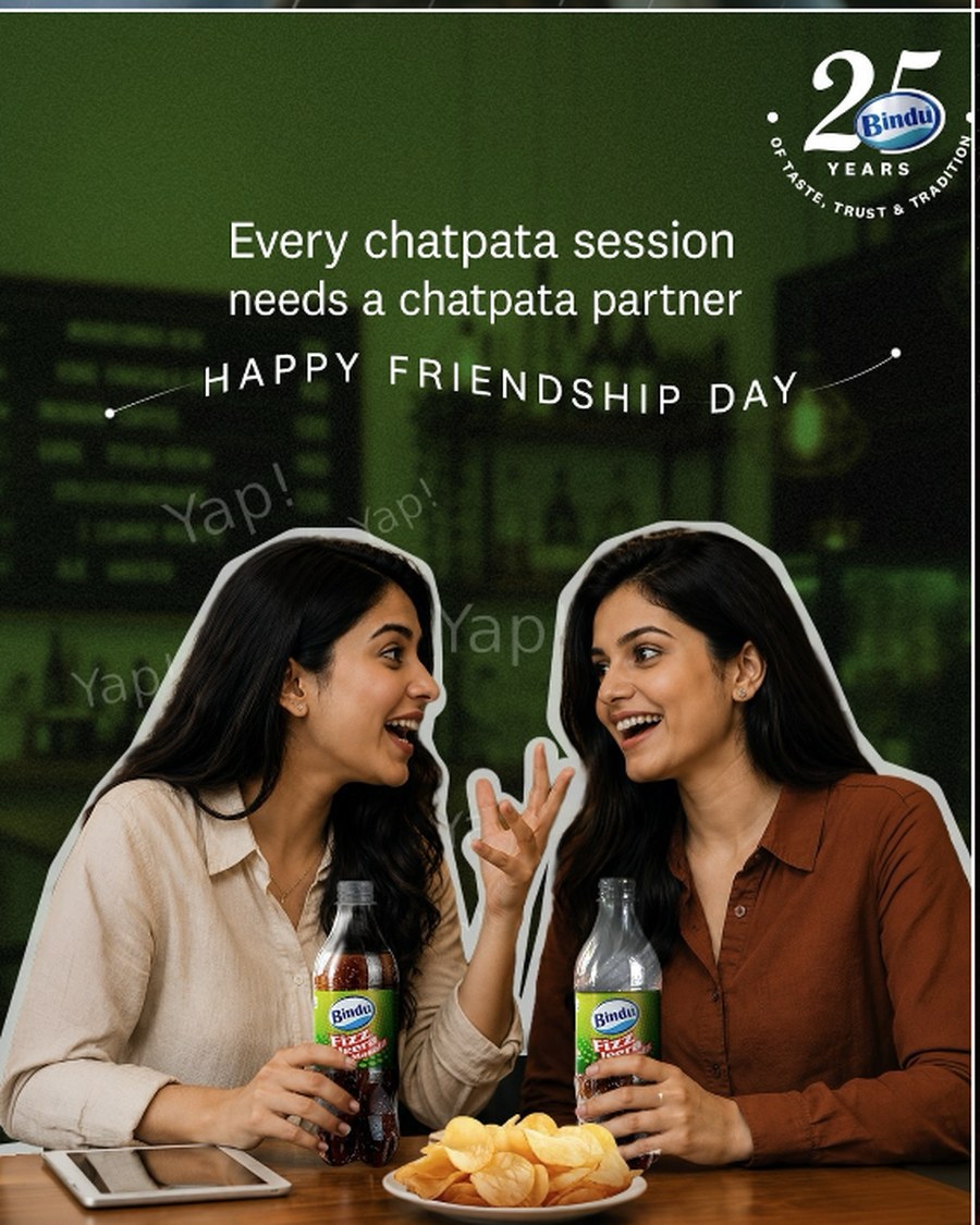 Two friends sharing Bindu Fizz bottles and chips — Friendship Day campaign creative