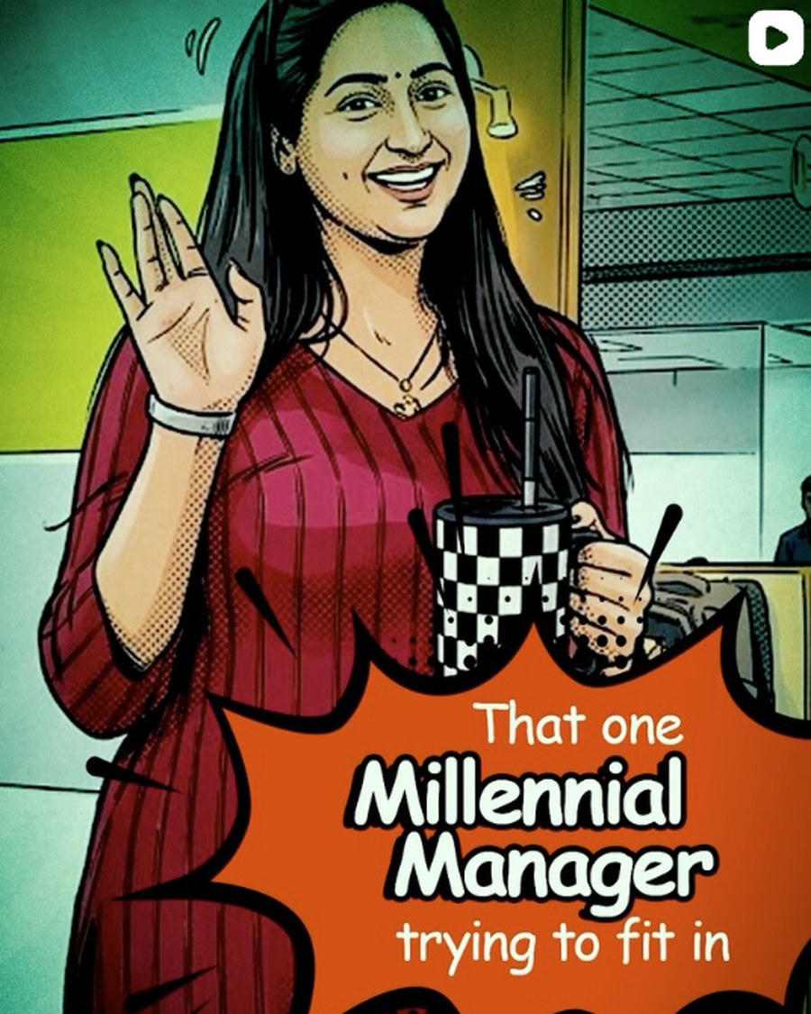 Comic-style Bindu reel thumbnail about the millennial manager at the office
