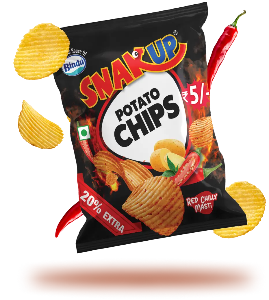 Snak Up Red Chilly Masti potato chips pack with ridged chips and red chillies