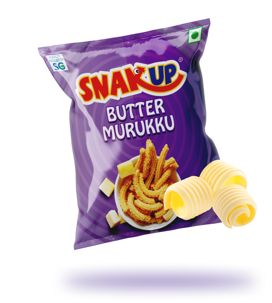 Snak Up Butter Murukku pack with a bowl of murukku spirals and butter curls