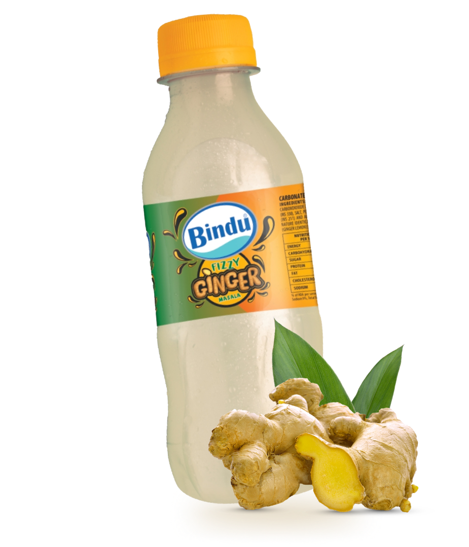 Bindu Fizzy Ginger Masala bottle with fresh ginger root
